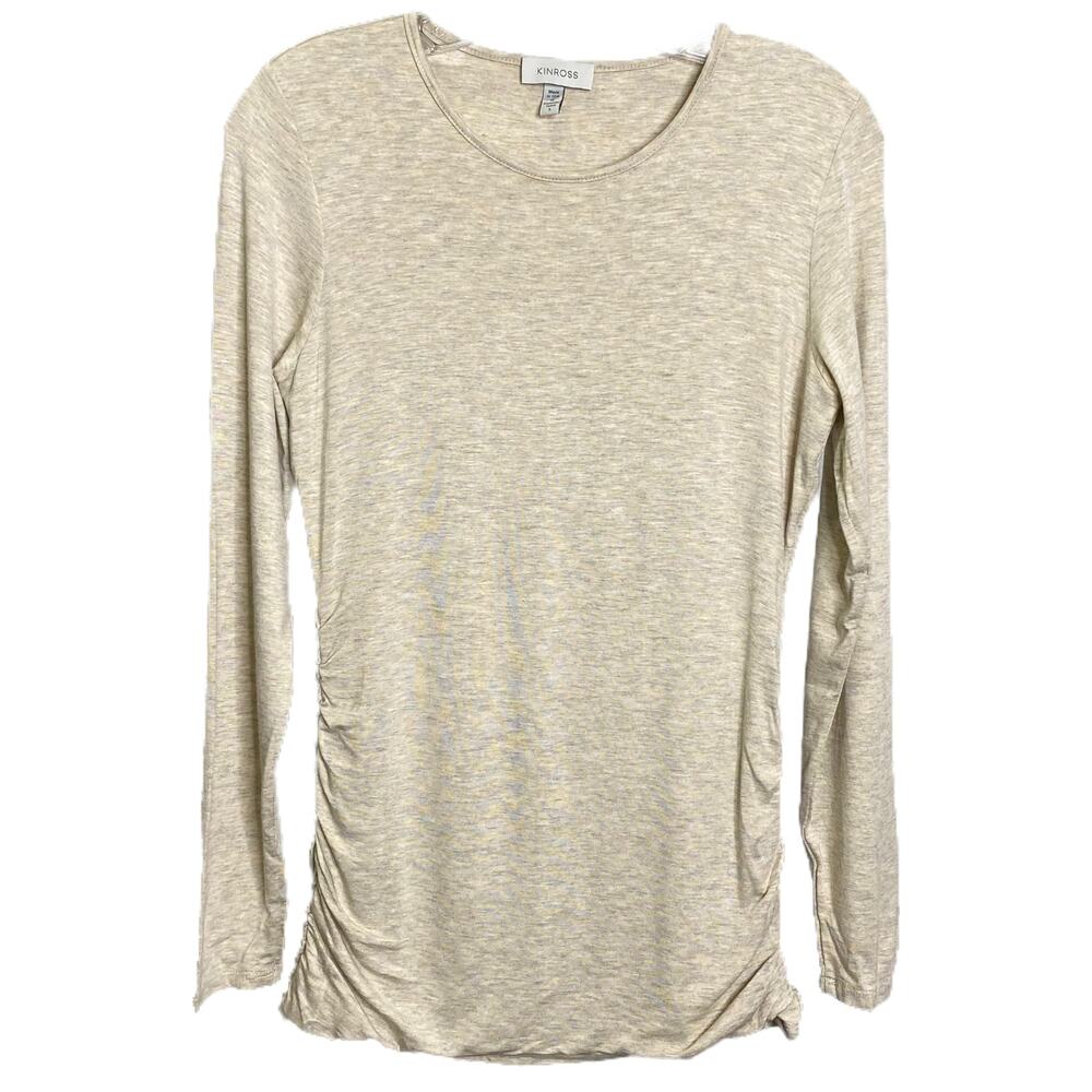 Kinross Women's Sz S Top Long‎ Sleeve Shirt Heather Cream Gray Ruched Scoop Neck